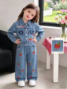 SHEIN ChillGRL Girls' Denim Jacket And Pants 2-Piece Set With Strawberry & Bow Embroidery, Kids Casual Long Sleeve Jean Outfit Autumn - Blue - View 4