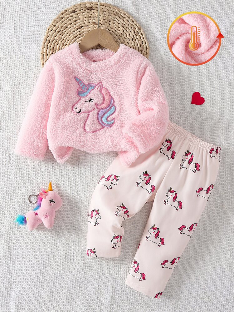 2 Pieces Baby Girl Light Pink Sweet Cute Unicorn Print Long Sleeve Pants Comfortable Plush Loungewear, Best Gift For Baby Girls, Home Wear, Versatile Fashion, Best Choice - Pink - View 1