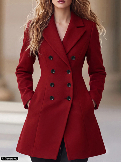 Trelyra Autumn And Winter Outfit, Burgundy Double-Breasted Overcoat, Waist-Cinching Slimming Elegant Commuter Outerwear, Casual Overcoat