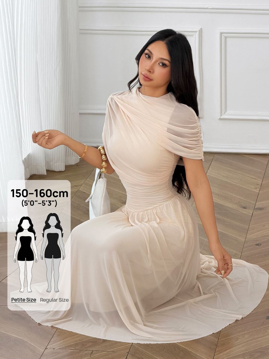 SHEIN PETITE Solid Beige Round Neck Short Sleeve Fitted Ruched Flared Elegant Dress - Suitable For Weddings, Formal Dinners, Dates And Guest Attire - Apricot - View 1
