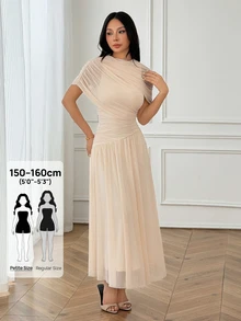 SHEIN PETITE 米色素色圓領短袖修身抓皺喇叭裙，優雅風格，適合婚禮、正式晚宴、約會及賓客穿著 - 杏色 - 查看 5