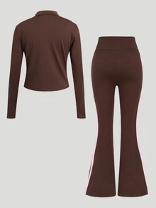 SHEIN Tween女孩粉色膠帶設計咖啡棕純色長袖拉鍊上衣與喇叭褲套裝 - 棕色 - 查看 4
