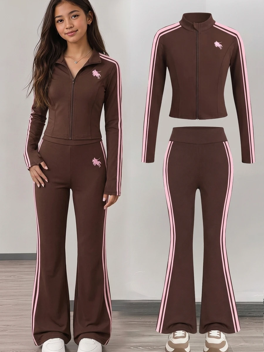 SHEIN Setelan Anak Perempuan Remaja Warna Pink Tape Kids Lengan Panjang Cokelat Kopi Polos dengan Jaket dan Celana Lebar - Coklat - View 1
