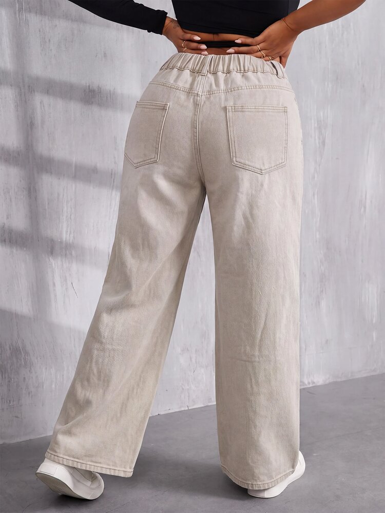 SHEIN PETITE CURVE Women's Plus Size Button Pocket Loose Denim Jeans - Khaki - View 2