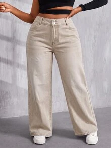SHEIN PETITE CURVE 女款大尺碼鈕扣口袋寬鬆牛仔褲 - 卡其色 - 查看 4