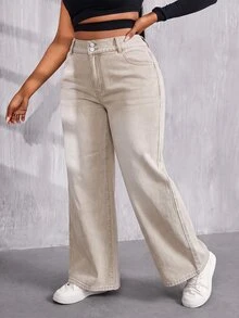 SHEIN PETITE CURVE 女款大尺碼鈕扣口袋寬鬆牛仔褲 - 卡其色 - 查看 6