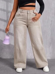 SHEIN PETITE CURVE 女款大尺碼鈕扣口袋寬鬆牛仔褲 - 卡其色 - 查看 3