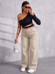SHEIN PETITE CURVE 女款大尺碼鈕扣口袋寬鬆牛仔褲 - 卡其色 - 查看 7