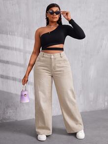SHEIN PETITE CURVE 女款大尺碼鈕扣口袋寬鬆牛仔褲 - 卡其色 - 查看 5