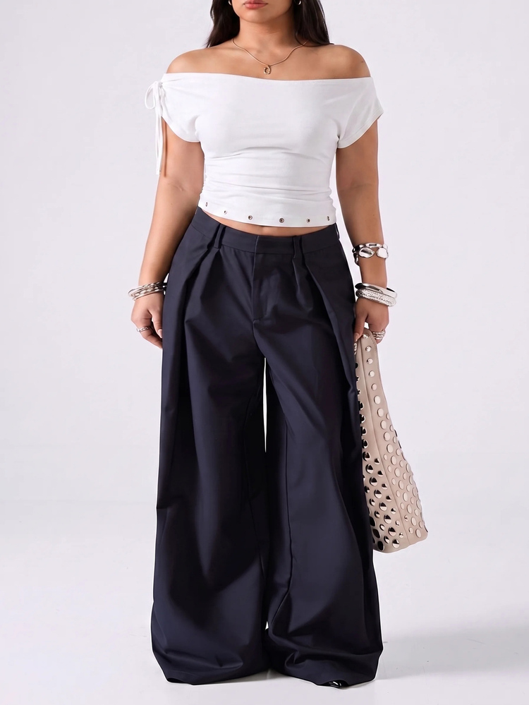 LYSMO Plus Size Summer Casual White Off-Shoulder Tie-Front T-Shirt - White - View 3