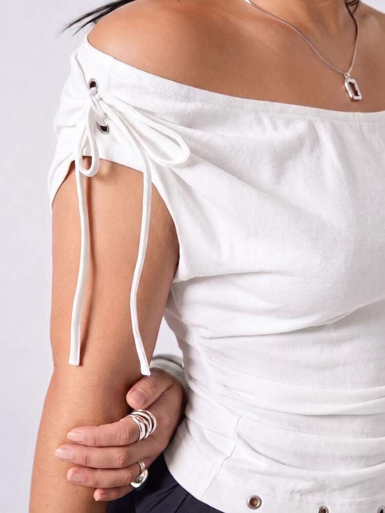 LYSMO Plus Size Summer Casual White Off-Shoulder Tie-Front T-Shirt - White - View 7
