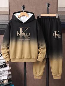 Kids Tween Boy Casual Minimalist Long Sleeve Hooded Comfortable Sweatshirt 2 Pieces Set, Suitable For Autumn/Winter - Multicolor - View 1