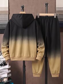 Kids Tween Boy Casual Minimalist Long Sleeve Hooded Comfortable Sweatshirt 2 Pieces Set, Suitable For Autumn/Winter - Multicolor - View 6