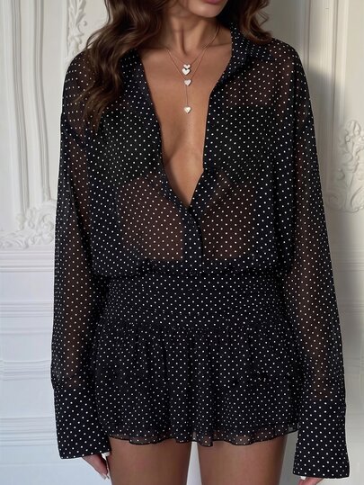 Cévolie Sexy Sheer Black Polka Dot Loose Sun-Protective Shirt Waist-Cinching Ruffle Hem Short Dress