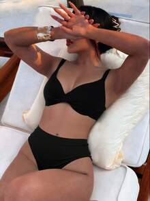 SHEIN Swim 全新纯色扭纹带高腰黑色比基尼两件套，海滩和度假女士泳装 - 黑色 - 查看 6