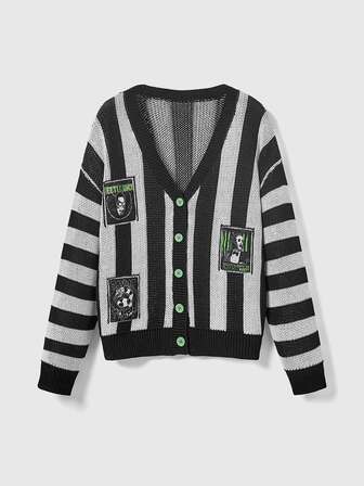 Beetlejuice X ROMWE Damen gestreifter Farbblock Lässig vielseitiger täglicher Langarm Pullover