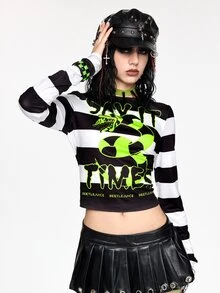 Beetlejuice X ROMWE Horror Movie Snake Pattern Striped Long Sleeve Slim Fit Women's T-Shirt - Multicolor - View 4