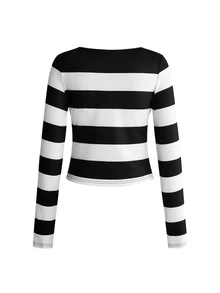 Beetlejuice X ROMWE Horror Movie Snake Pattern Striped Long Sleeve Slim Fit Women's T-Shirt - Multicolor - View 11