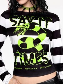 Beetlejuice X ROMWE Horror Movie Snake Pattern Striped Long Sleeve Slim Fit Women's T-Shirt - Multicolor - View 6