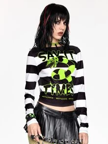 Beetlejuice X ROMWE Horror Movie Snake Pattern Striped Long Sleeve Slim Fit Women's T-Shirt - Multicolor - View 8