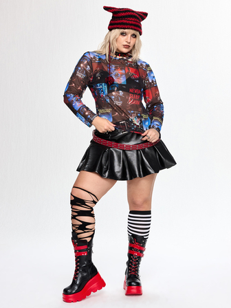 A Nightmare on Elm Street X ROMWE IP Co-Branded Printed Mesh Sheer Slim Fit Plus Size Women's Top