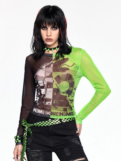 Beetlejuice X ROMWE Top ajusté à col rond pour femmes avec imprimé graphique co-marqué et blocs de couleurs