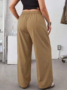 SHEIN EZwear 棕色純色斜口袋休閒基本款大尺碼西裝長褲，秋季辦公 - 卡其色 - 查看 2