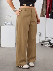 SHEIN EZwear 棕色純色斜口袋休閒基本款大尺碼西裝長褲，秋季辦公 - 卡其色 - 查看 6