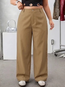 SHEIN EZwear 棕色純色斜口袋休閒基本款大尺碼西裝長褲，秋季辦公 - 卡其色 - 查看 5