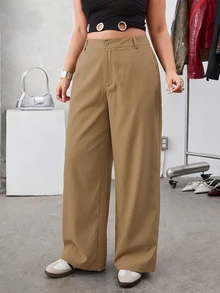 SHEIN EZwear 棕色純色斜口袋休閒基本款大尺碼西裝長褲，秋季辦公 - 卡其色 - 查看 3