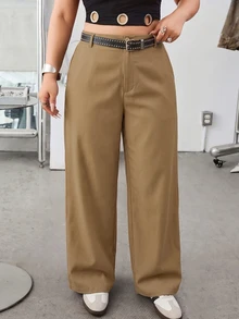 SHEIN EZwear 棕色純色斜口袋休閒基本款大尺碼西裝長褲，秋季辦公 - 卡其色 - 查看 1