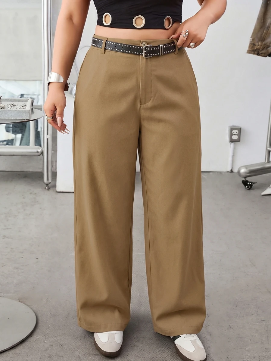 SHEIN EZwear 棕色純色斜口袋休閒基本款大尺碼西裝長褲,秋季辦公 - 卡其色 - 查看 1
