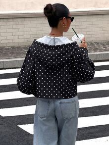 Muchica Jaket Berkerudung Wanita Motif Polkadot Tenun Hitam - Hitam - View 2