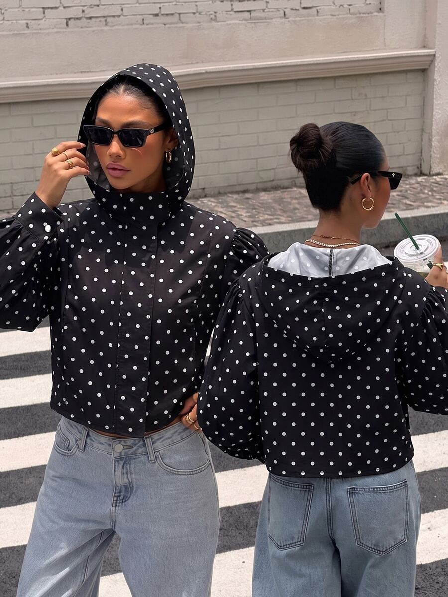 Muchica Jaket Berkerudung Wanita Motif Polkadot Tenun Hitam - Hitam - View 1