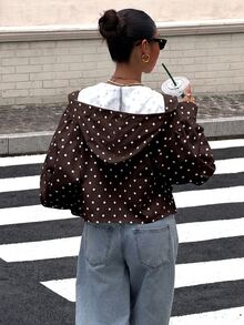Muchica 女款波點休閒街頭風 80年代百搭日常連帽外套 旅行棕色與白色波點款 秋季 - 棕色 - 查看 2