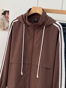 SHEIN EZwear 大尺碼女款側條紋拉鍊門襟抽繩連帽夾克 - 咖啡棕 - 查看 4