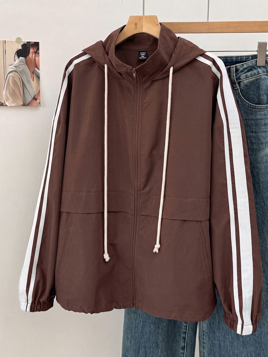 SHEIN EZwear 大尺碼女款側條紋拉鍊門襟抽繩連帽夾克 - 咖啡棕 - 查看 1