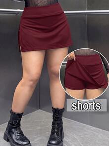 Muchica Plus Size Women's Solid Color Side Slit Hem Casual Skort - Burgundy - View 1