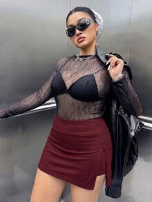 Muchica Plus Size Women's Solid Color Side Slit Hem Casual Skort - Burgundy - View 3