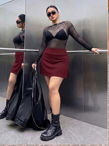 Muchica Plus Size Women's Solid Color Side Slit Hem Casual Skort - Burgundy - View 6