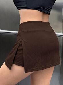 Muchica Chocolate Brown Side Slit Plus Size Skort - Chocolate Brown - View 2