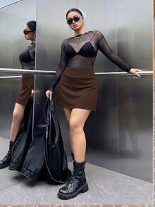 Muchica Chocolate Brown Side Slit Plus Size Skort - Chocolate Brown - View 4