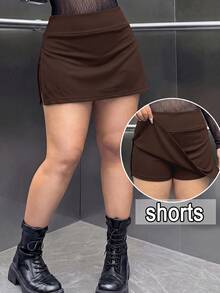 Muchica Chocolate Brown Side Slit Plus Size Skort - Chocolate Brown - View 1