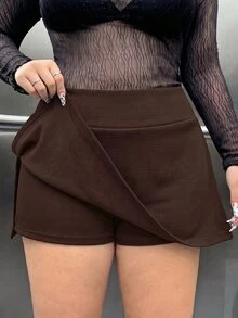 Muchica Chocolate Brown Side Slit Plus Size Skort - Chocolate Brown - View 6
