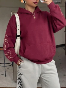 Muchica Plus Size Women's Letter Print Casual Streetwear Everyday Sweatshirt Autumn Formal Going Out Burgundy - Burgundy - View 6