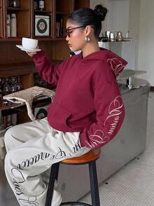 Muchica Plus Size Women's Letter Print Casual Streetwear Everyday Sweatshirt Autumn Formal Going Out Burgundy - Burgundy - View 3