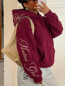 Muchica Plus Size Women's Letter Print Casual Streetwear Everyday Sweatshirt Autumn Formal Going Out Burgundy - Burgundy - View 1