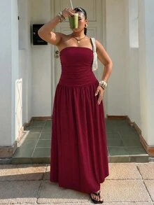 SHEIN EZwear 酒紅色無肩帶休閒浪漫優雅 L'amoure 大尺碼女款洋裝，適合派對、正式場合、度假、夏季 - 酒紅色 - 查看 4