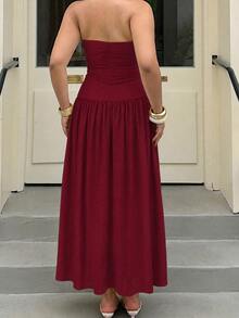 SHEIN EZwear 酒紅色無肩帶休閒浪漫優雅 L'amoure 大尺碼女款洋裝，適合派對、正式場合、度假、夏季 - 酒紅色 - 查看 2