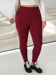 Solflare Burgundy High Waist Seamless Plus Size Leggings - Burgundy - View 3